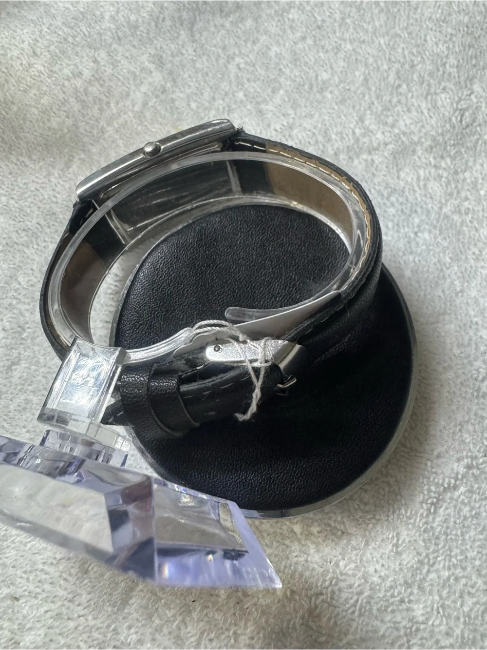 Kenneth Cole Silver Rectangular Case Watch with Black Leather Strap